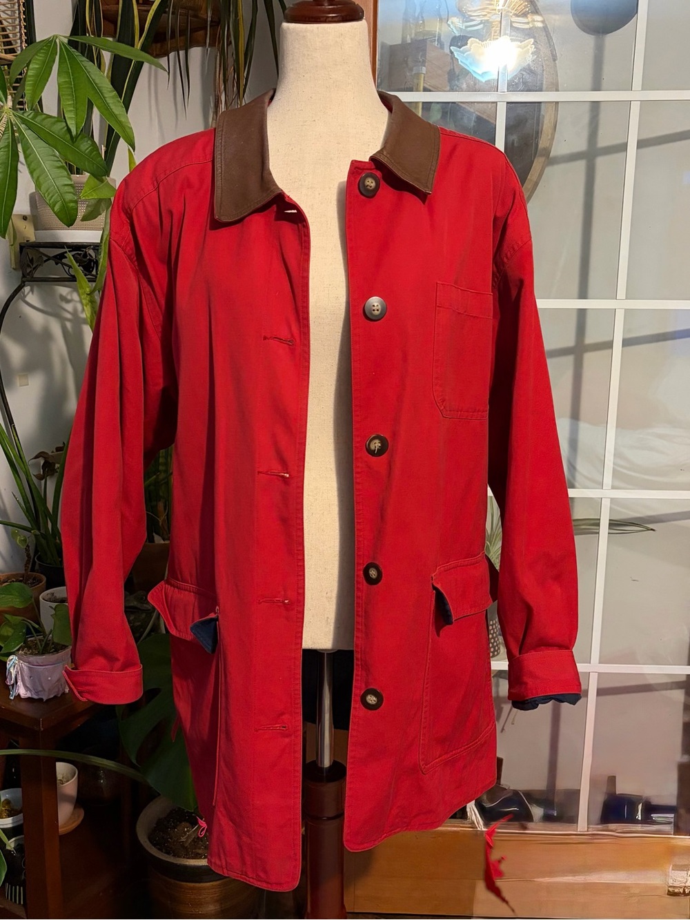 Vintage Talbots Red Canvas‎ Barn Chore Coat Jacket Leather Collar Plaid Lined L
